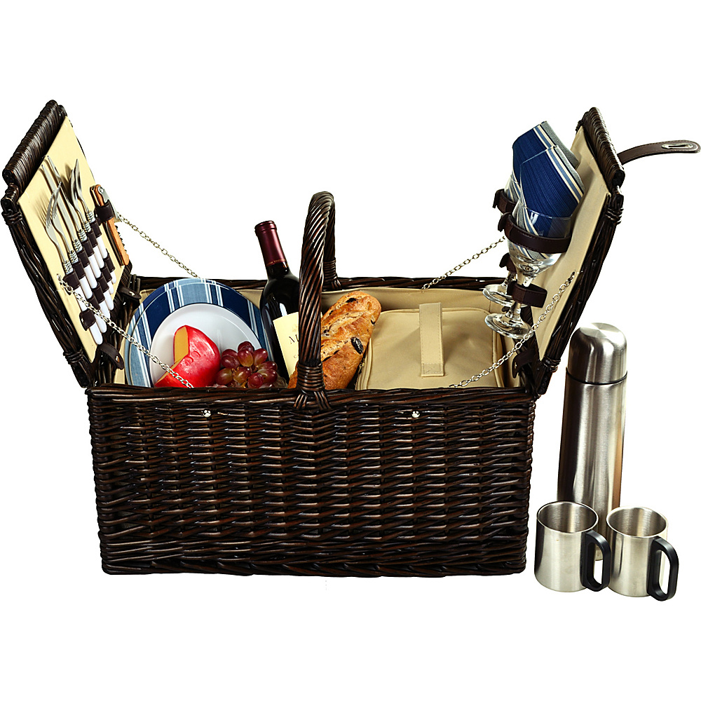 Picnic at Ascot Surrey Willow Picnic Basket with Service for 2 with Coffee Set Brown Wicker Blue Stripe Picnic at Ascot Outdoor Accessories