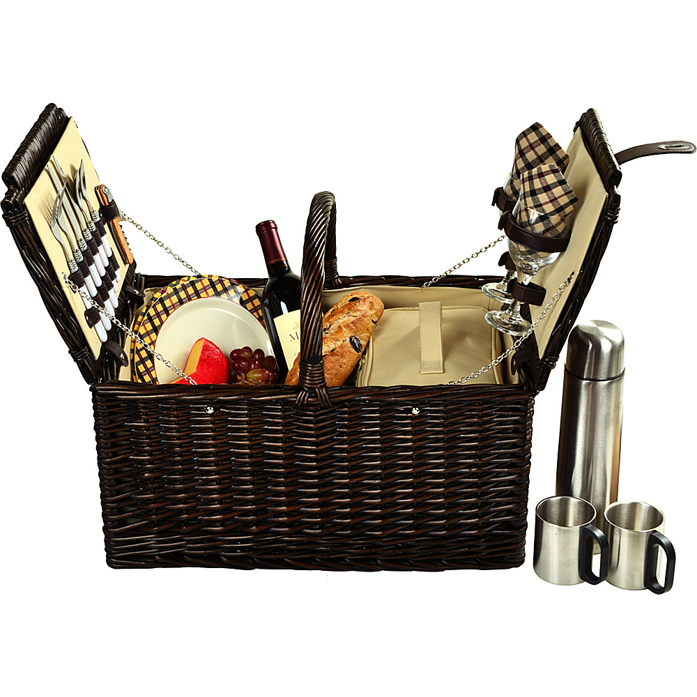 Picnic at Ascot Surrey Willow Picnic Basket with Service for 2 with Coffee Set Brown Wicker London Plaid Picnic at Ascot Outdoor Accessories