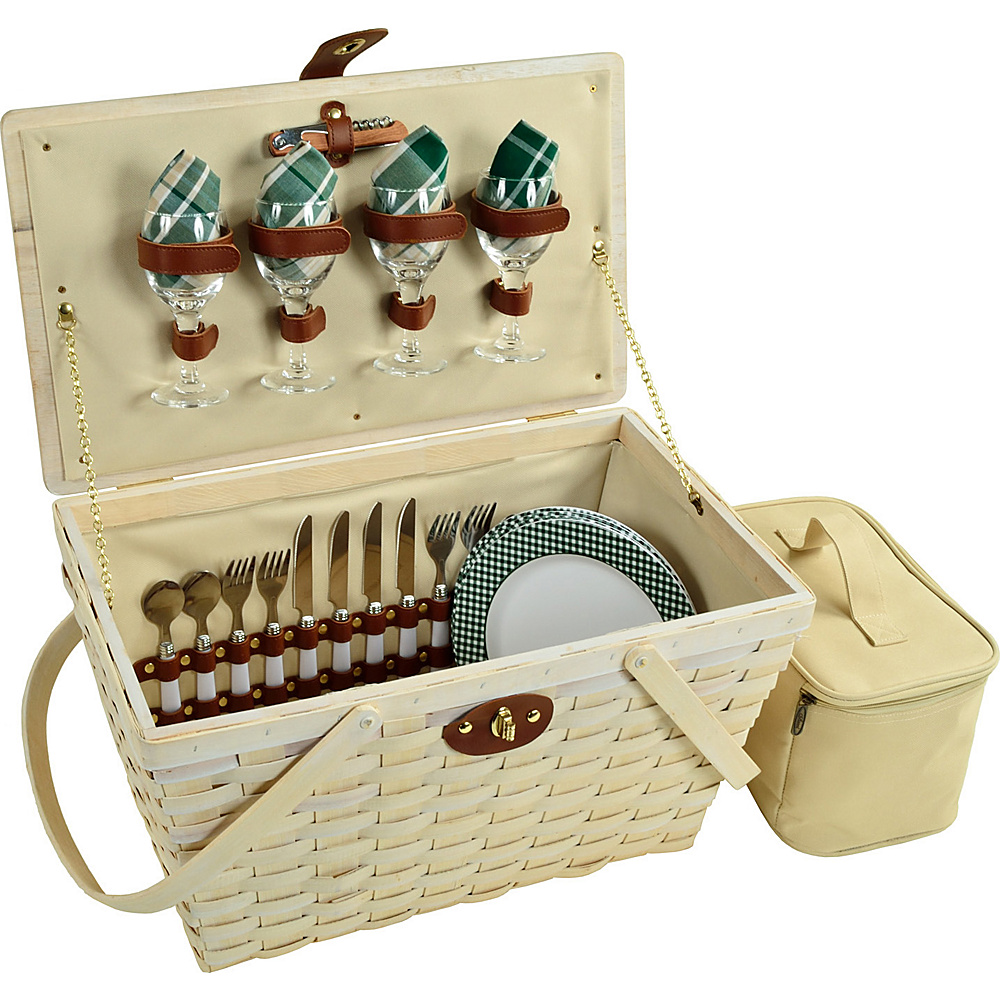 Picnic at Ascot Settler Traditional American Style Picnic Basket with Service for 4 Whitewash Whitewash Green Picnic at Ascot Outdoor Accessories