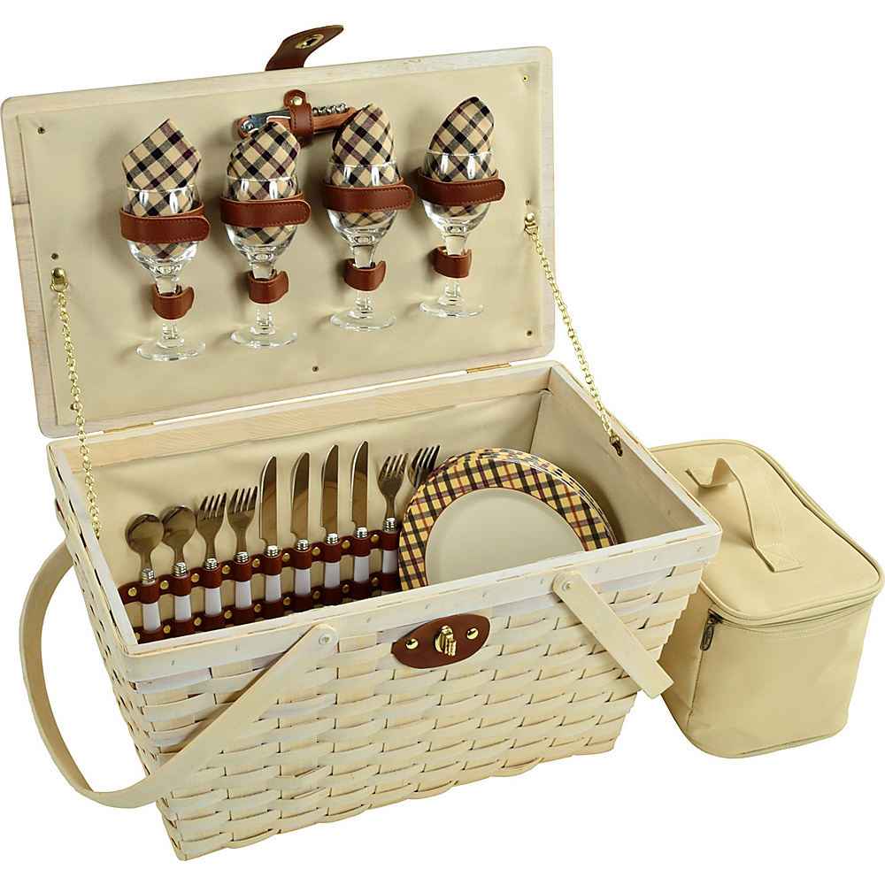 Picnic at Ascot Settler Traditional American Style Picnic Basket with Service for 4 Whitewash Whitewash London Plaid Picnic at Ascot Outdoor Accessories