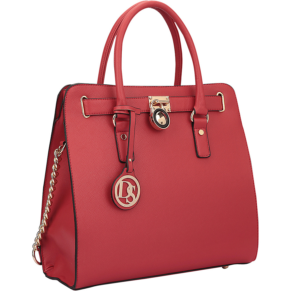 Dasein Large Saffiano Leather Tote with Chain Shoulder Strap Red Dasein Manmade Handbags