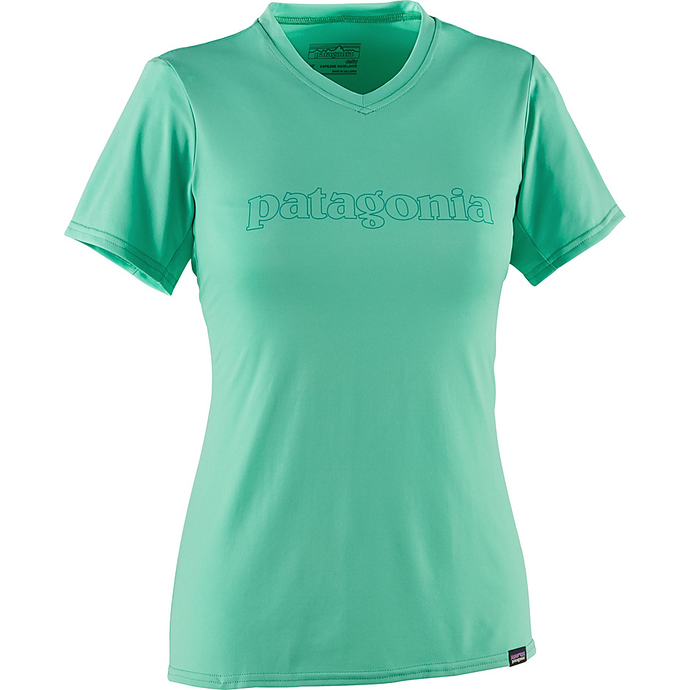 Patagonia Womens Capilene Daily Graphic T Shirt XS Outline Text Logo Galah Green Patagonia Men s Apparel