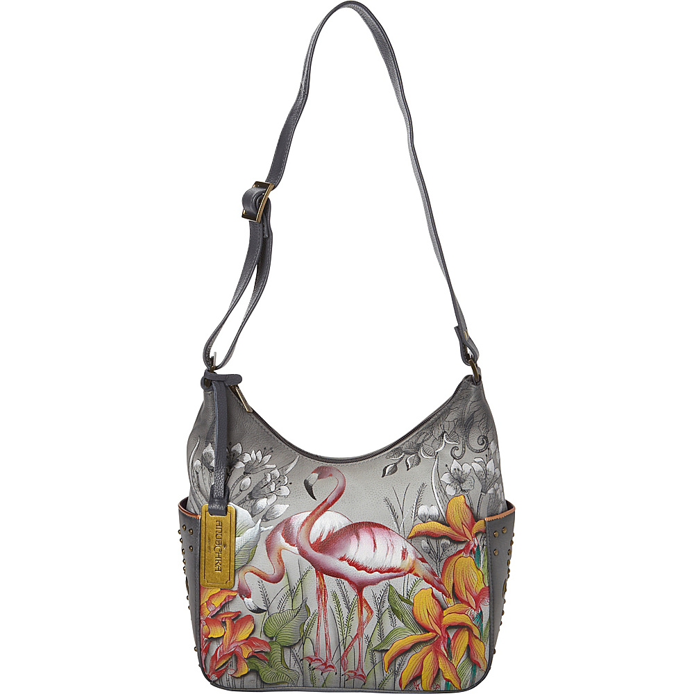 Anuschka Hobo with Side Pockets Flamboyant Flamingos - Anuschka Leather Handbags
