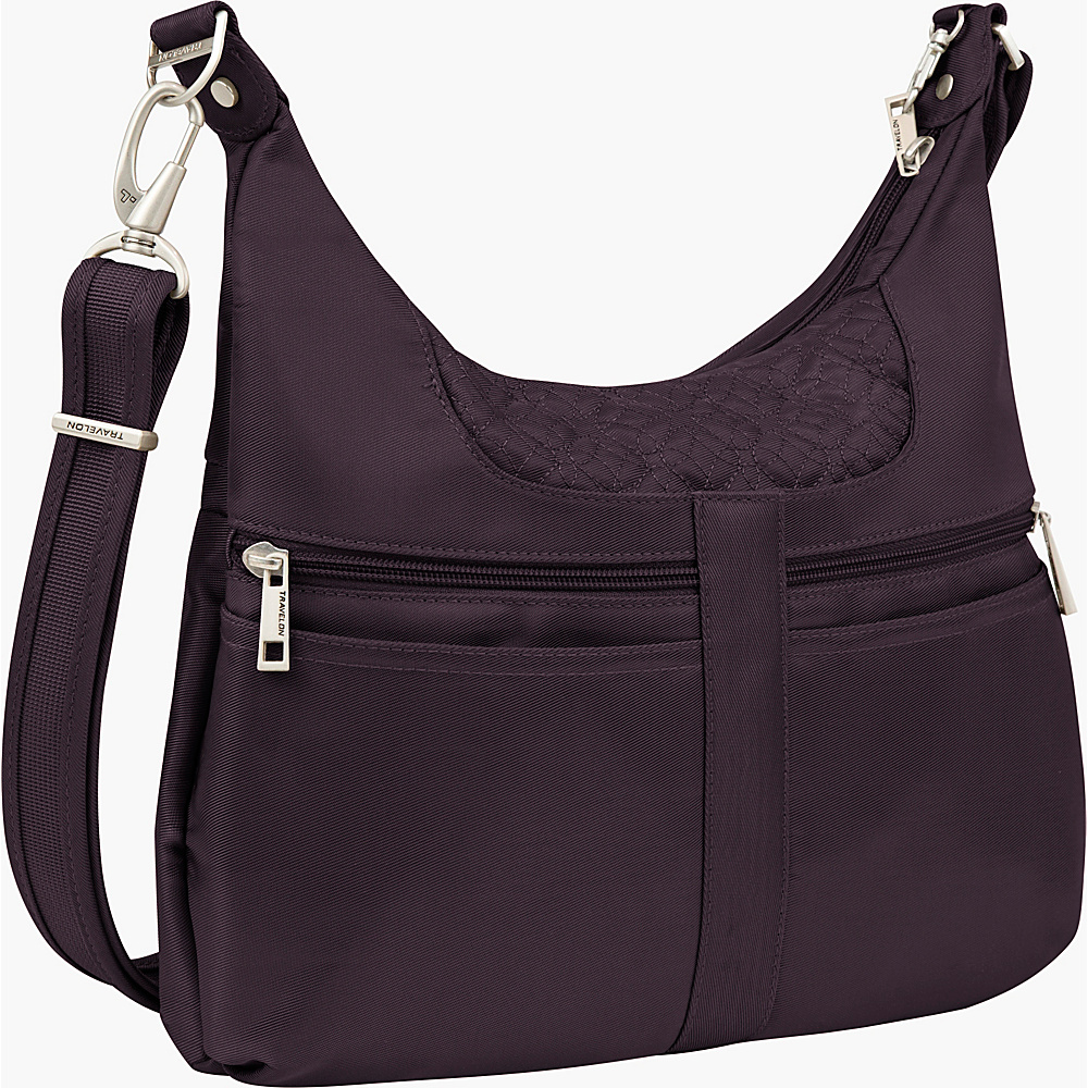 Travelon Anti theft Signature Multi Pocket Hobo Bag Eggplant Gray Travelon Fabric Handbags