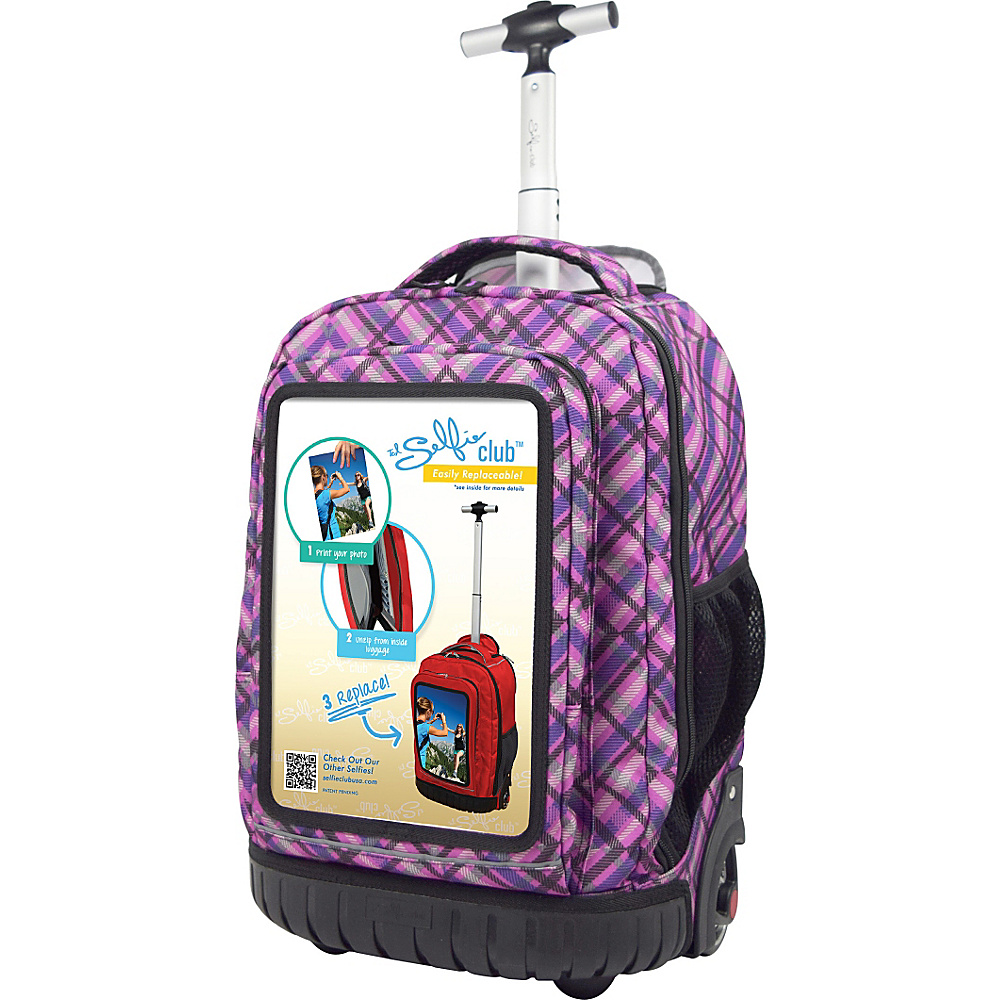 Travelers Club Luggage 18 Selfie Rolling Backpack w Personalized Front Pocket Purple Plaid Travelers Club Luggage Rolling Backpacks