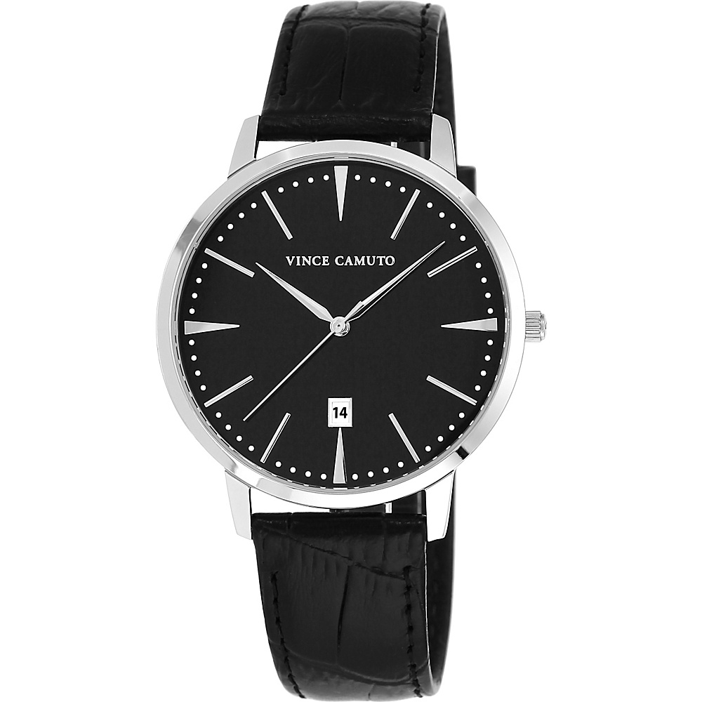 Vince Camuto Watches Silver Tone Round Watch with Leather Strap Black Silver Black Vince Camuto Watches Watches