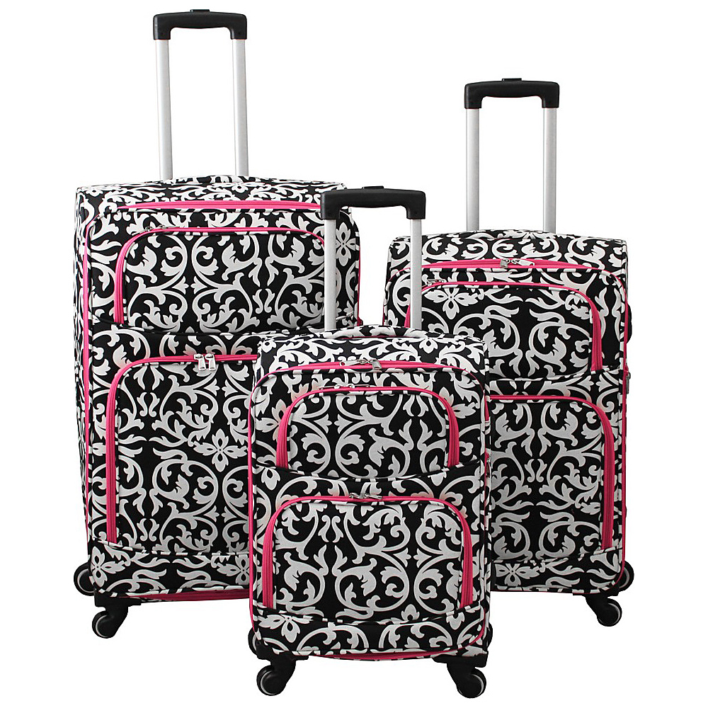 World Traveler Damask 3 Piece Expandable Upright Spinner Luggage Set Pink Trim Damask World Traveler Luggage Sets