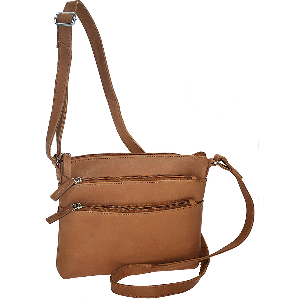 R R Collections Soft Drum Dyed Leather 3 Zip Crossbody TAN R R Collections Leather Handbags