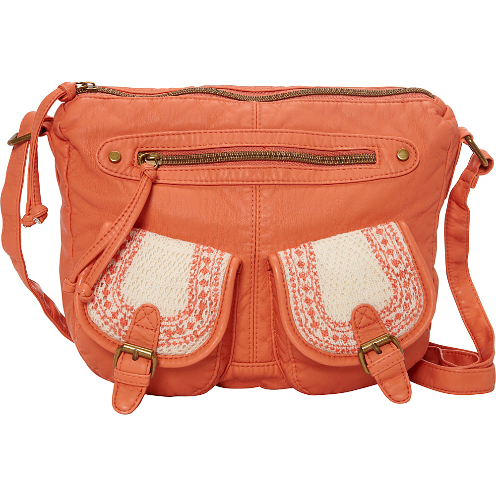 T shirt Jeans Washed Double Pocket Crossbody With Crochet And Embroidery Coral T shirt Jeans Manmade Handbags