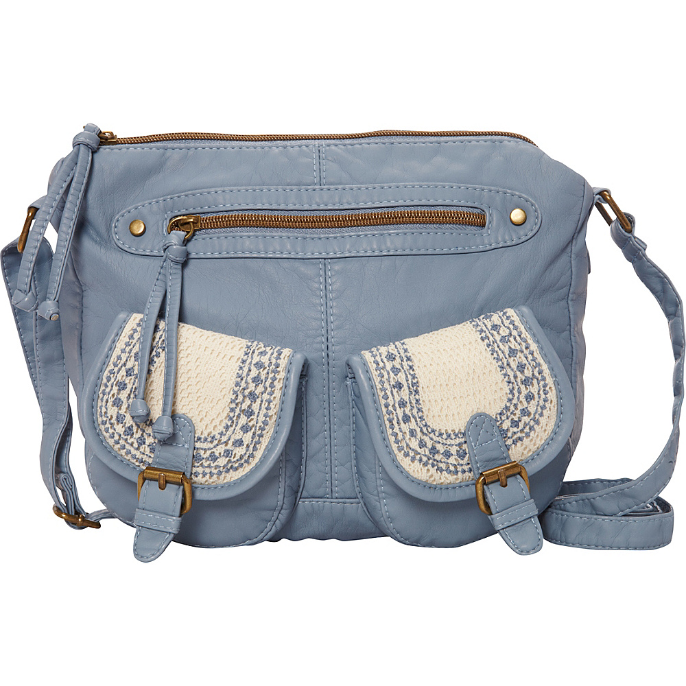 T shirt Jeans Washed Double Pocket Crossbody With Crochet And Embroidery Blue T shirt Jeans Manmade Handbags