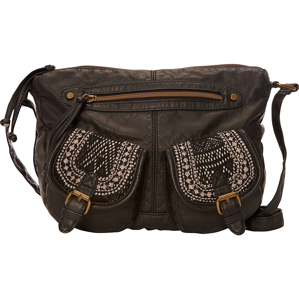 T shirt Jeans Washed Double Pocket Crossbody With Crochet And Embroidery Black T shirt Jeans Manmade Handbags