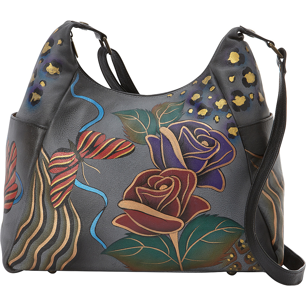ANNA by Anuschka Hand Painted Large Multi Pocket Shoulder Bag Rose Safari Grey ANNA by Anuschka Leather Handbags