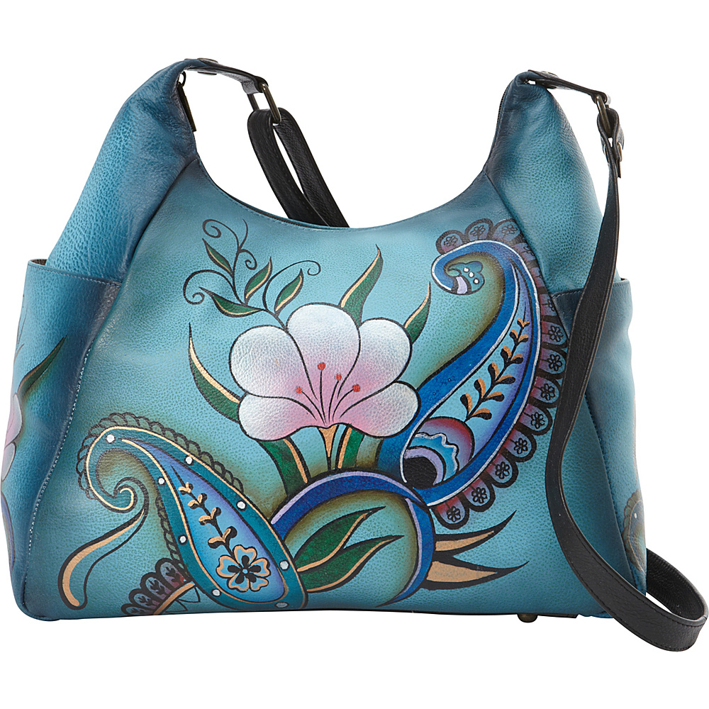 ANNA by Anuschka Hand Painted Large Multi Pocket Shoulder Bag Denim Paisley Floral ANNA by Anuschka Leather Handbags