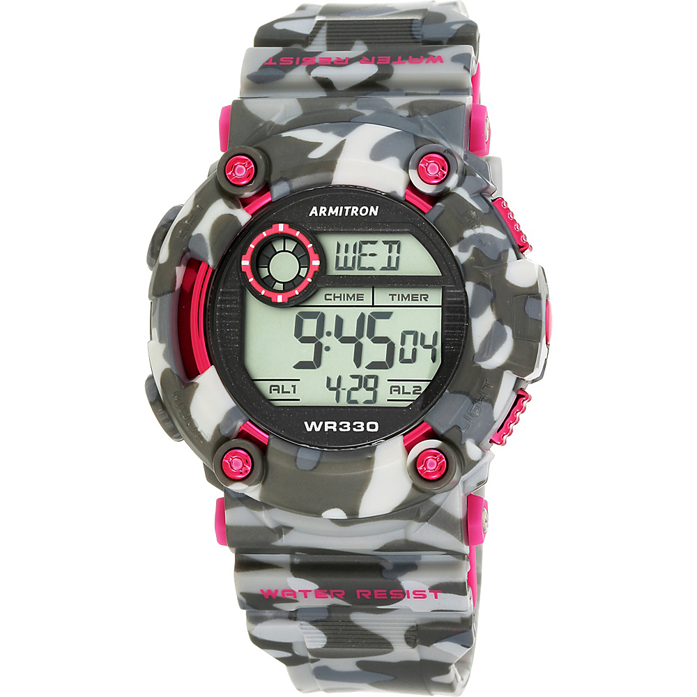 Armitron Sport Unisex Pink Accented Digital Chronograph Black and Grey Camouflage Resin Strap Watch Pink Camoflauge Armitron Watches