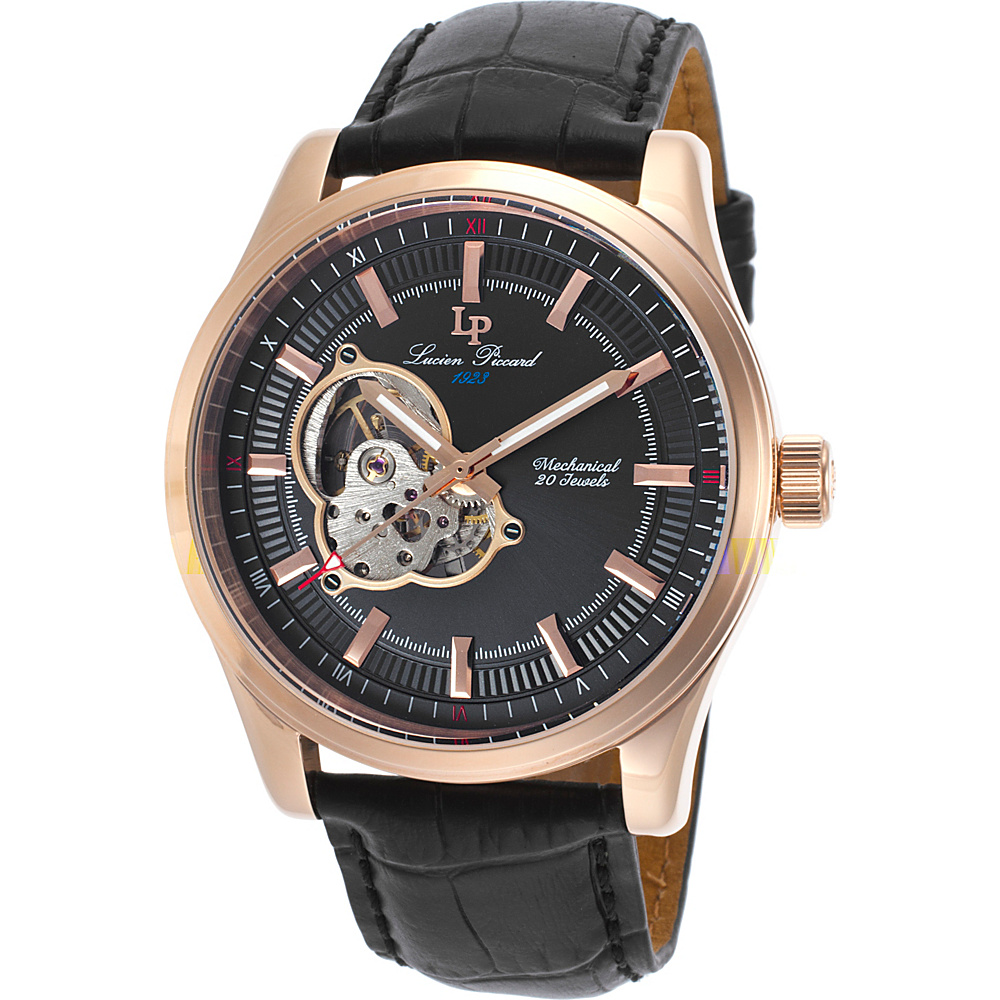 Lucien Piccard Watches Morgana Mechanical Leather Band Watch Black Black Rose Gold Lucien Piccard Watches Watches