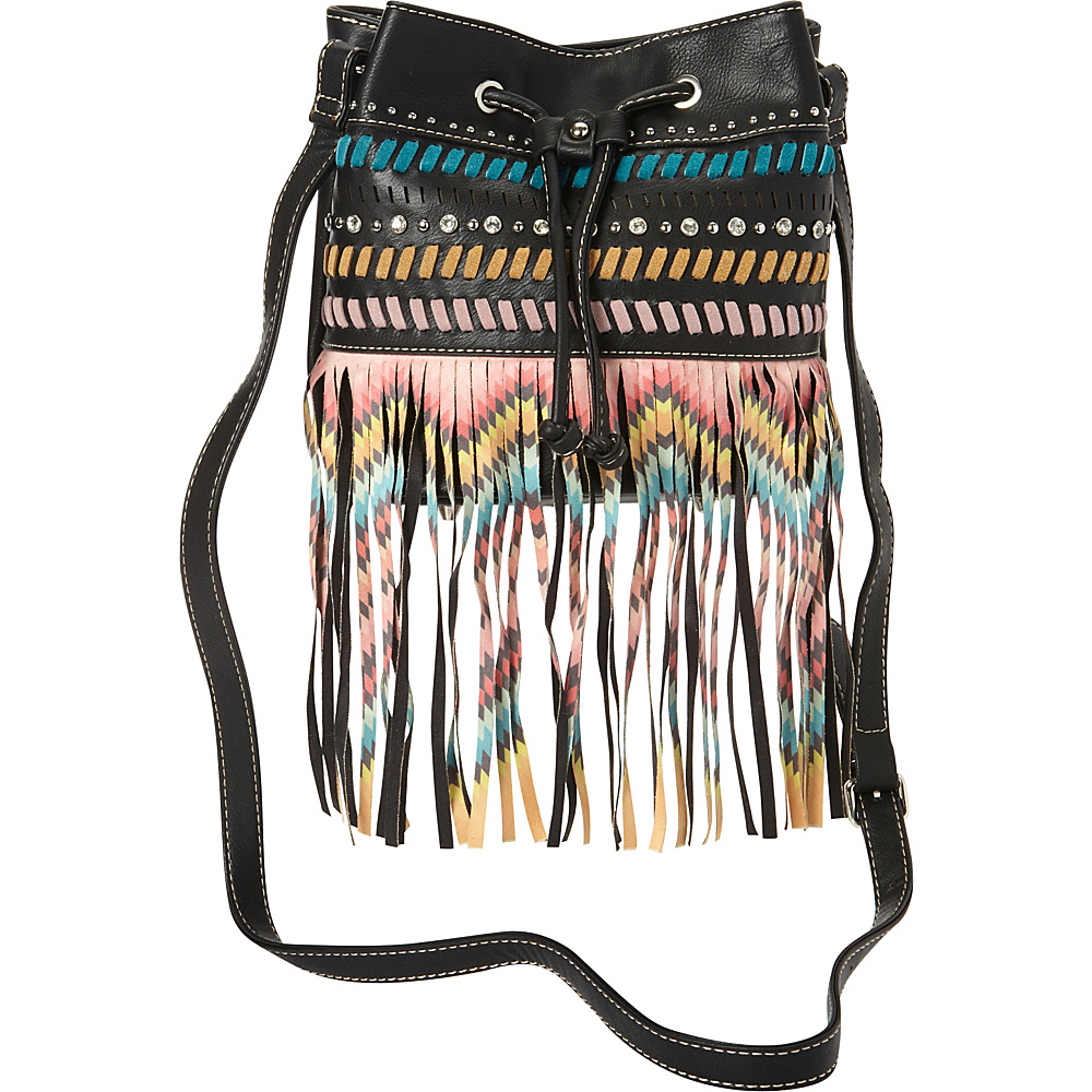 Montana West Fringe Drawstring Bucket Bag Black Montana West Manmade Handbags