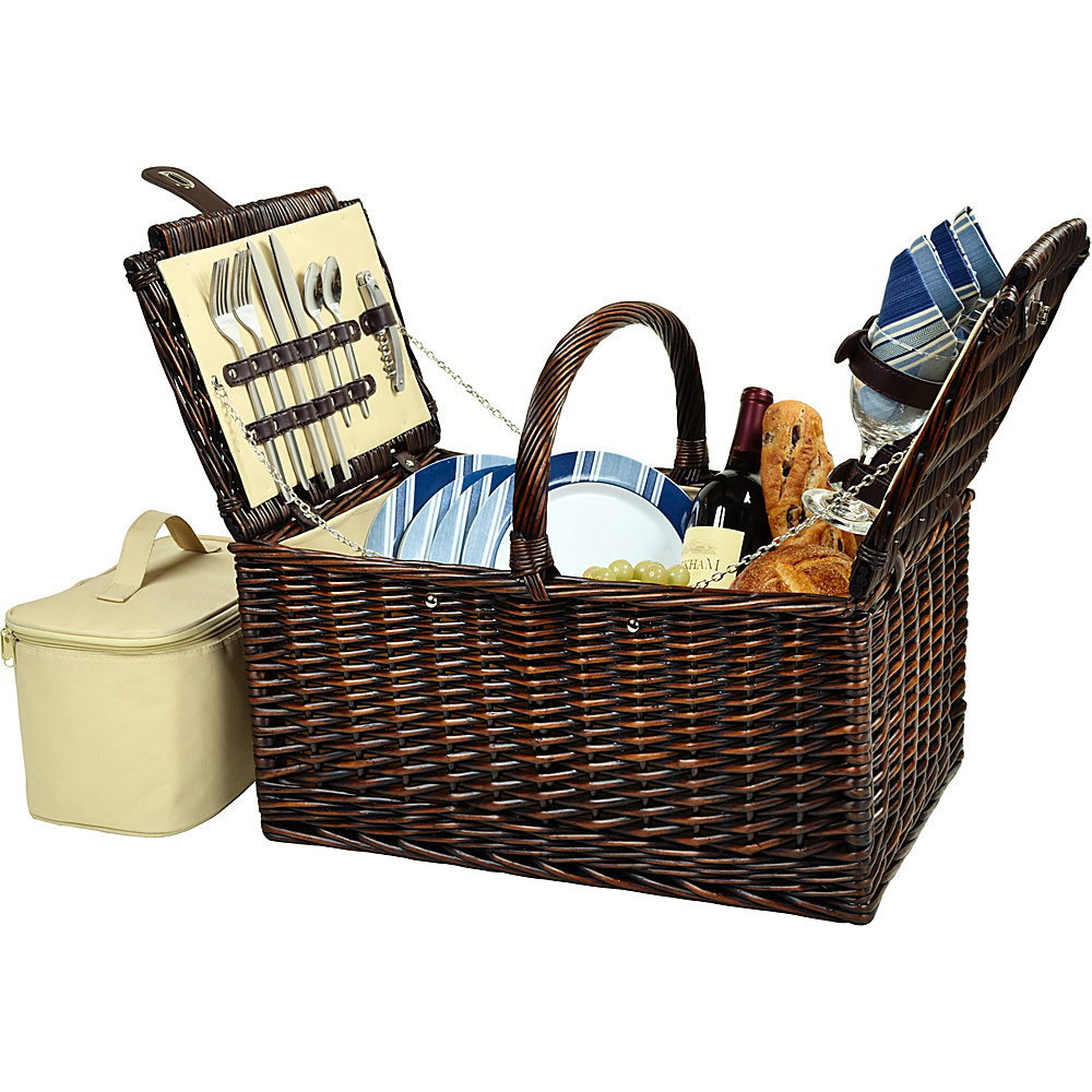Picnic at Ascot Buckingham Picnic Willow Picnic Basket with Service for 4 Brown Wicker Blue Stripe Picnic at Ascot Outdoor Accessories
