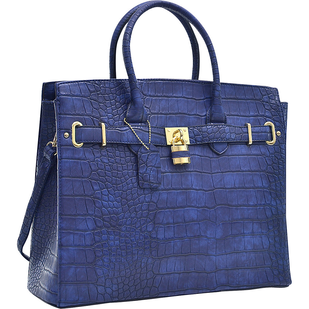 Dasein Dasein Croco Embossed Satchel with Padlock Navy Blue Dasein Manmade Handbags