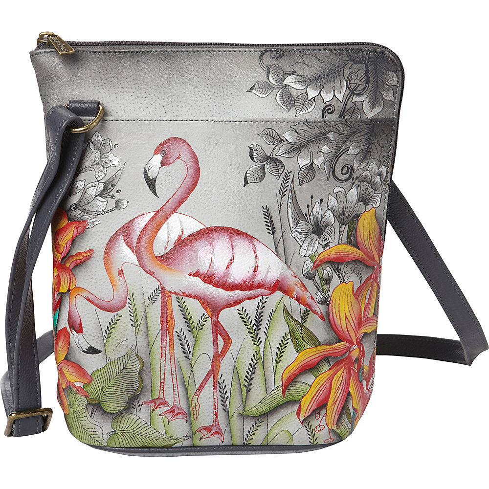 Anuschka Two Sided Zip Travel Organizer Crossbody Flamboyant Flamingos Anuschka Leather Handbags