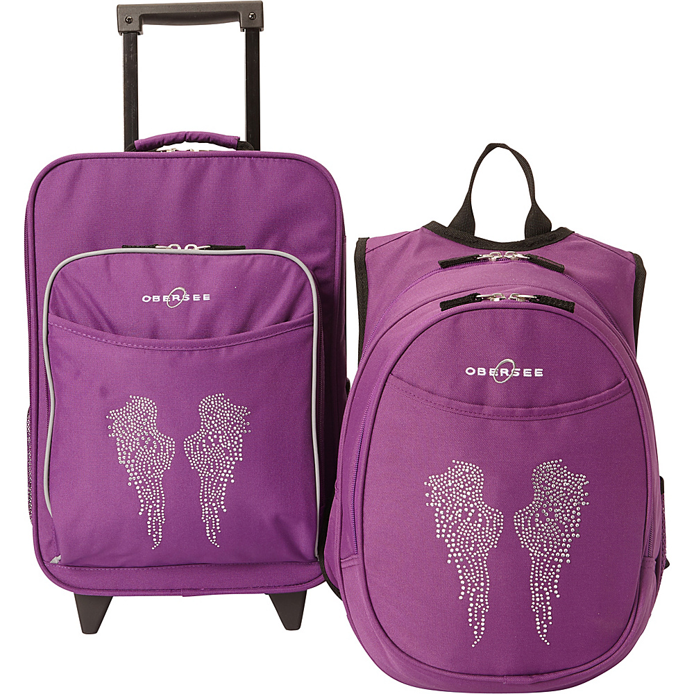 Obersee Kids Angel Wings Luggage and Backpack Set With Integrated Cooler Purple Bling Rhinestone Angel Wings Obersee Softside Carry On