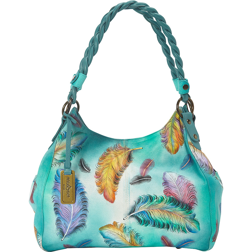 Anuschka Triple Compartment Shopper With Braided Handle Shoulder Bag Floating Feathers Anuschka Leather Handbags