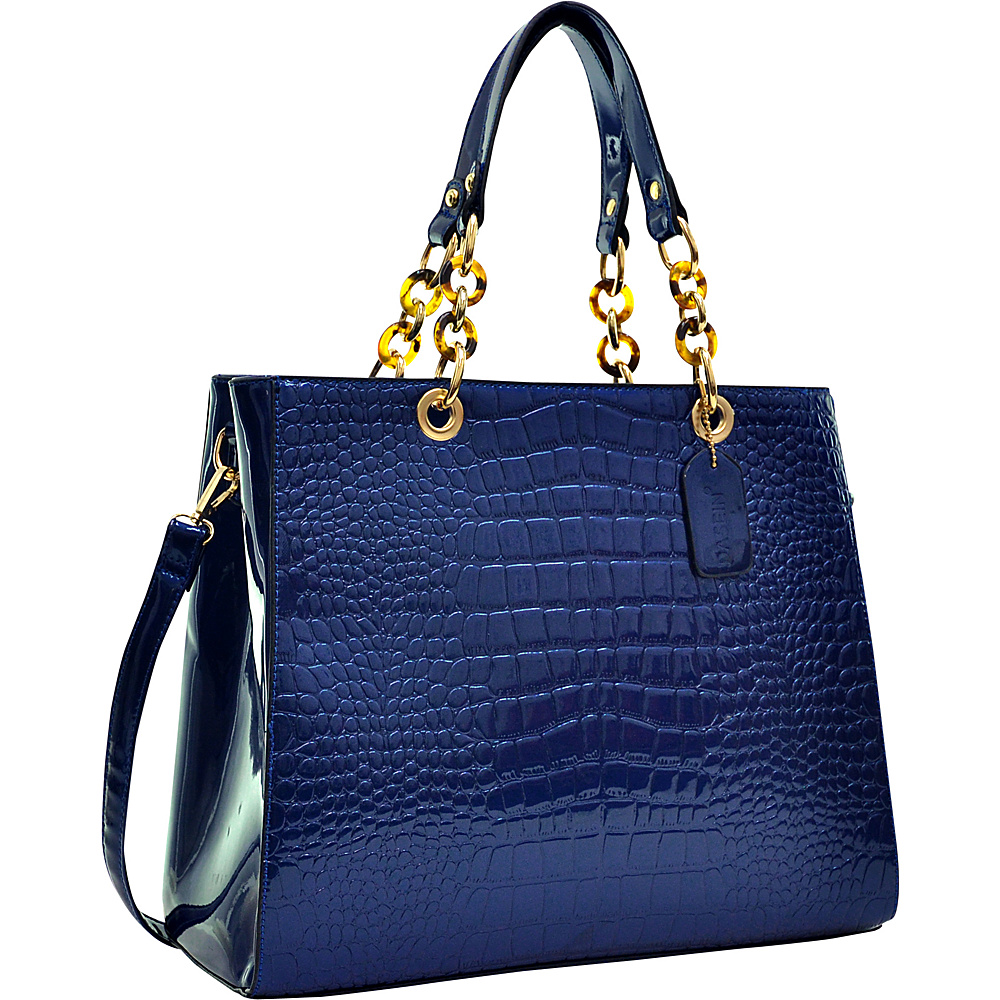 Dasein Patent Croco Embossed Faux Leather Chain Strap Satchel Blue Dasein Manmade Handbags