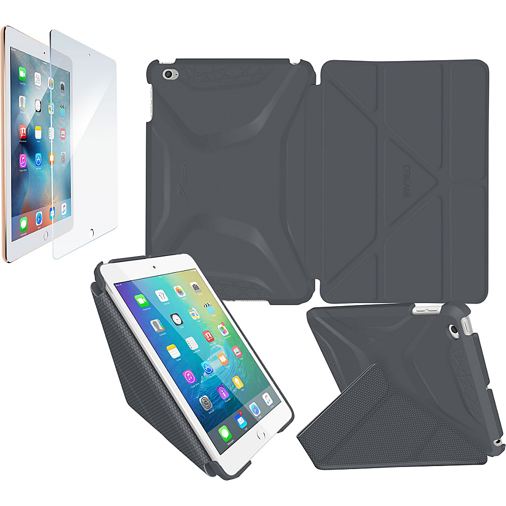 rooCASE Origami 3D Case Tempered Glass Screen Protector Bundle for iPad Mini 4 Grey rooCASE Electronic Cases