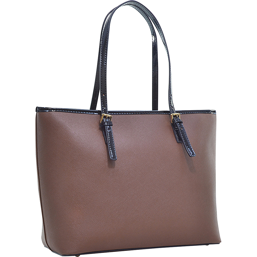 Dasein Patent Faux Leather Trim Tote Brown Dasein Manmade Handbags