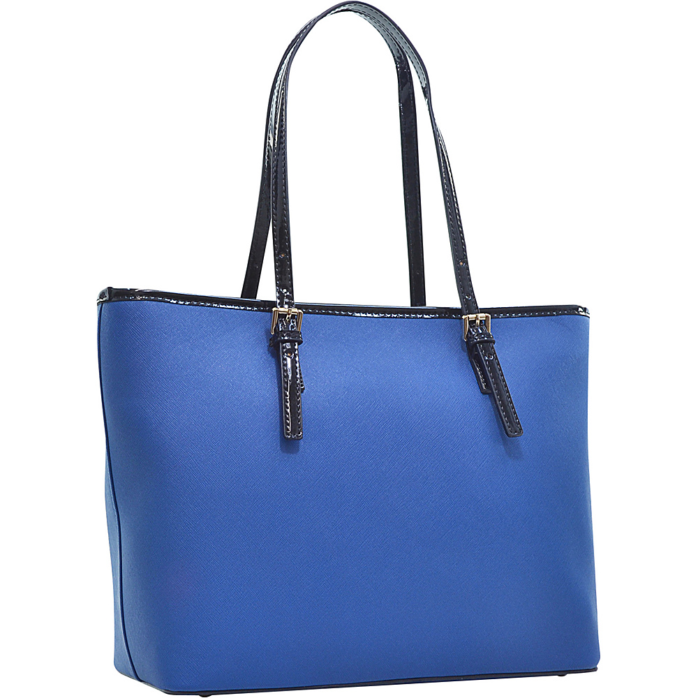 Dasein Patent Faux Leather Trim Tote Blue Dasein Manmade Handbags