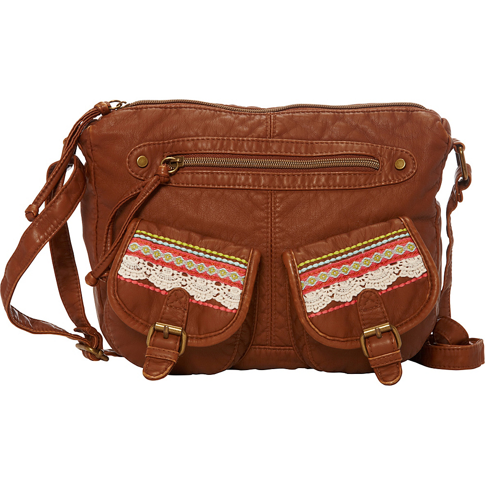 T shirt Jeans Washed Double Pocket Crossbody With Ribbon And Embroidery Cognac T shirt Jeans Manmade Handbags