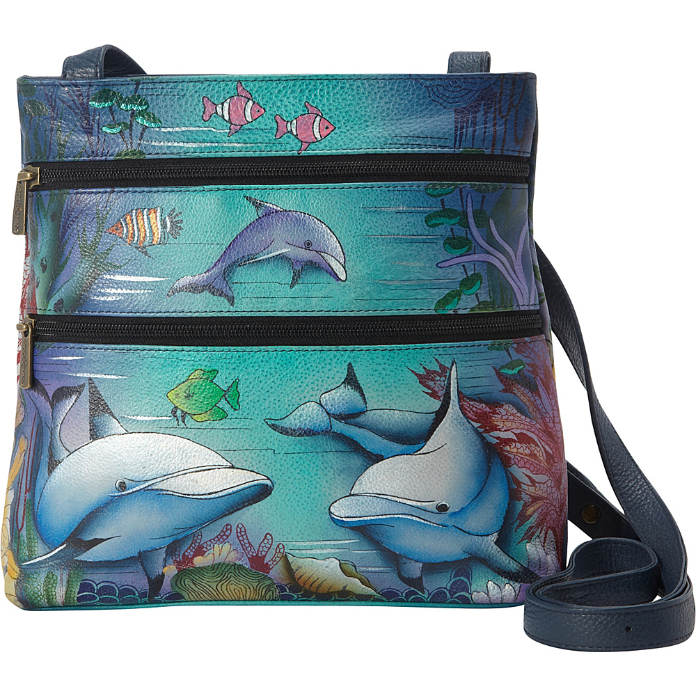 Anuschka Hand Painted Compact Crossbody Travel Organizer Dolphin World Anuschka Leather Handbags