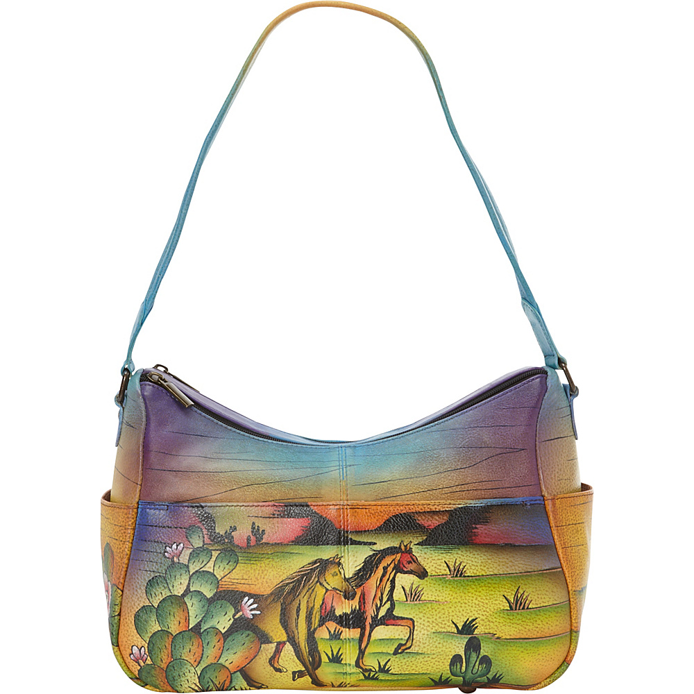 ANNA by Anuschka Hand Painted Leather Twin Top East West Hobo Arizona Mustang ANNA by Anuschka Leather Handbags