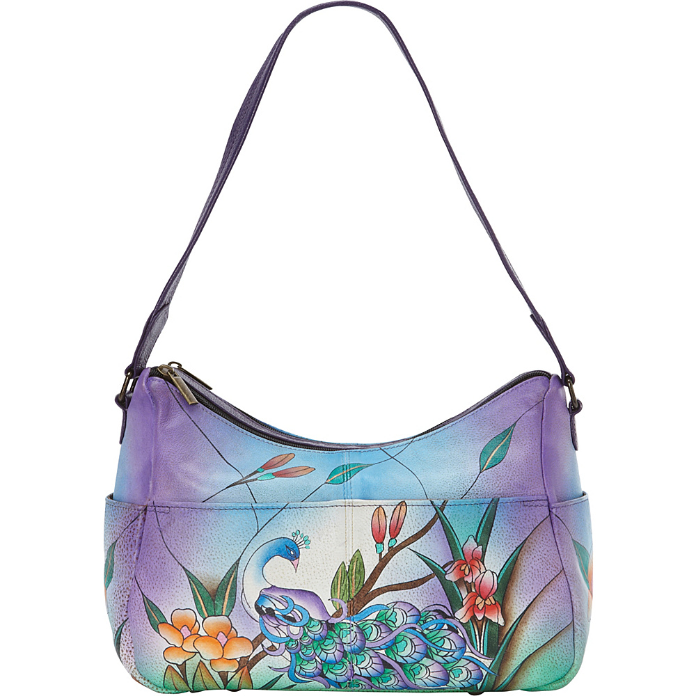 ANNA by Anuschka Hand Painted Leather Twin Top East West Hobo Midnight Peacock ANNA by Anuschka Leather Handbags