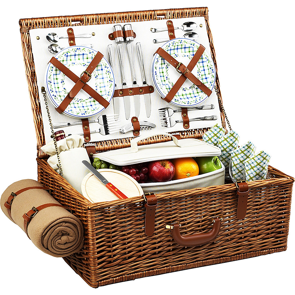 Picnic at Ascot Dorset English Style Willow Picnic Basket with Service for 4 and Blanket Wicker w Gazebo Picnic at Ascot Outdoor Accessories
