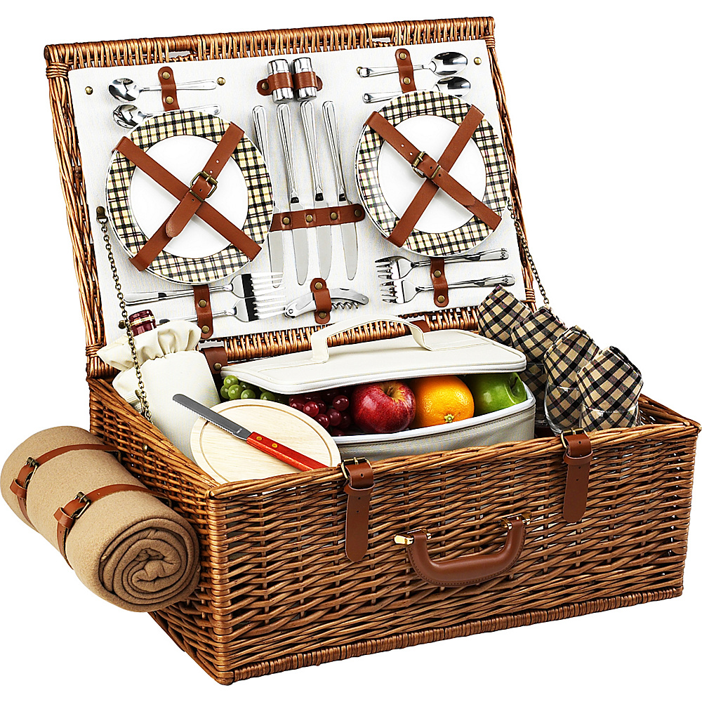 Picnic at Ascot Dorset English Style Willow Picnic Basket with Service for 4 and Blanket Wicker w London Picnic at Ascot Outdoor Accessories