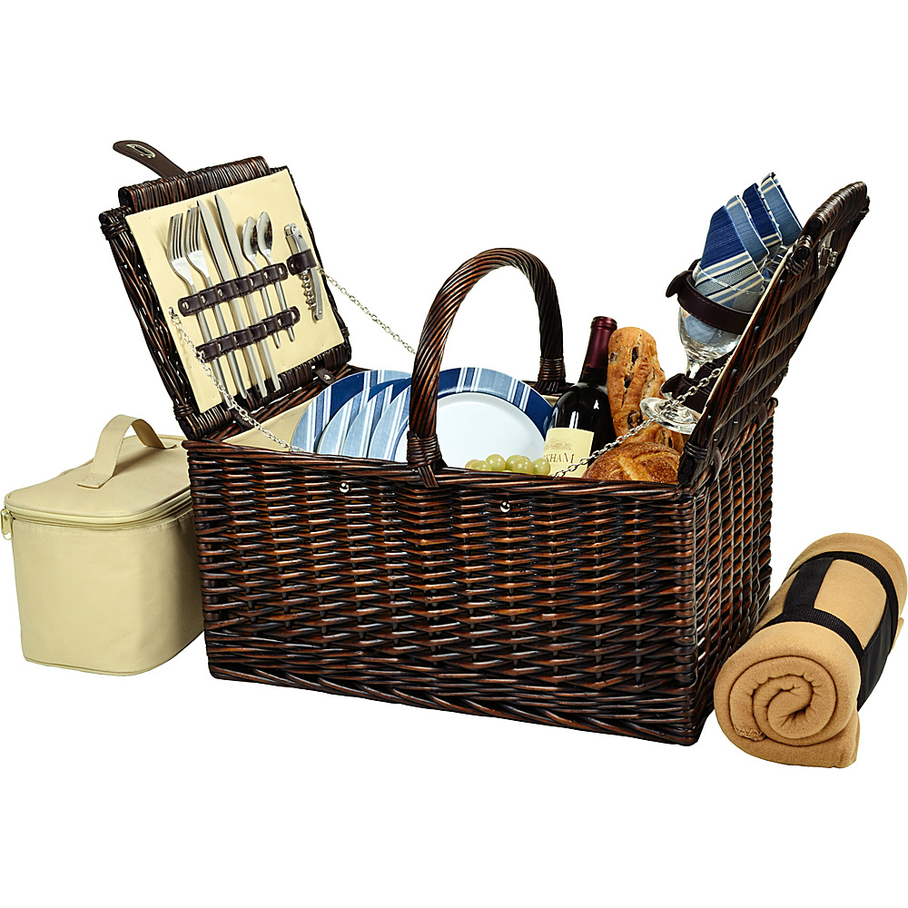 Picnic at Ascot Buckingham Picnic Willow Picnic Basket with Service for 4 with Blanket Brown Wicker Blue Stripe Picnic at Ascot Outdoor Accessories