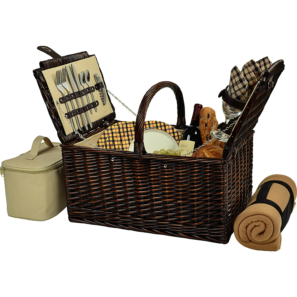 Picnic at Ascot Buckingham Picnic Willow Picnic Basket with Service for 4 with Blanket Brown Wicker London Plaid Picnic at Ascot Outdoor Accessories