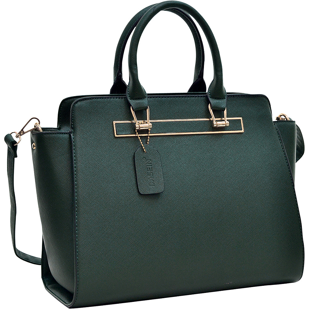 Dasein Faux Saffiano Leather Winged Satchel with Shoulder Strap Dark Green Dasein Manmade Handbags