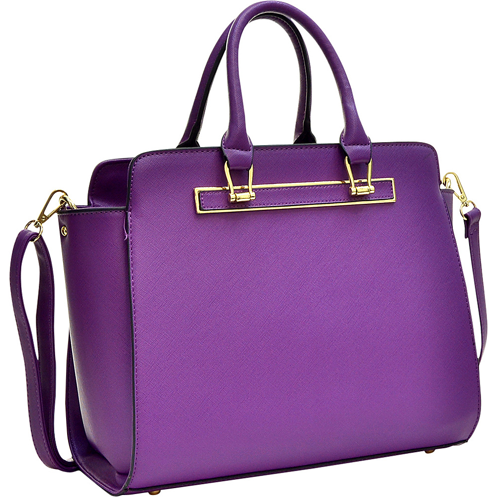 Dasein Faux Saffiano Leather Winged Satchel with Shoulder Strap Purple Dasein Manmade Handbags
