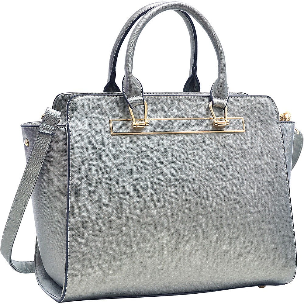 Dasein Faux Saffiano Leather Winged Satchel with Shoulder Strap Pewter Dasein Manmade Handbags