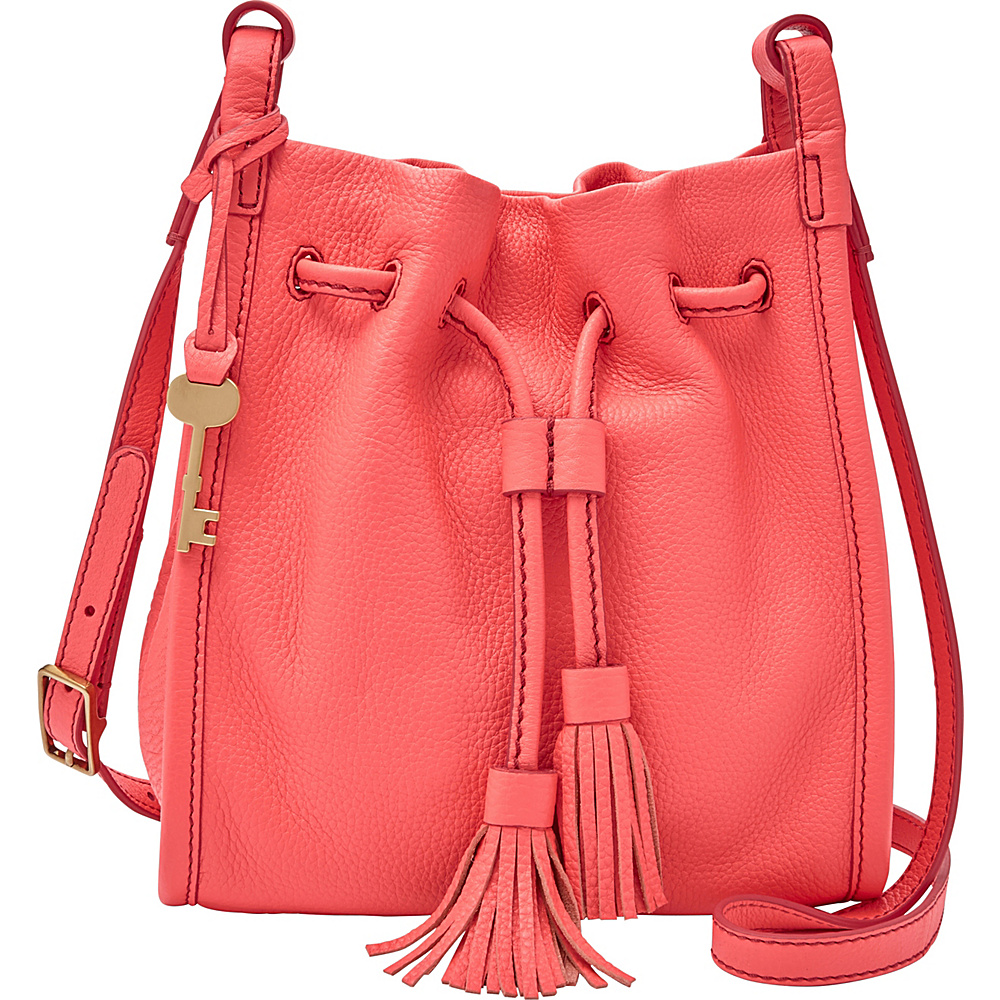 Fossil Claire Small Drawstring Crossbody with Pebbled Leather Strap Neon Coral Fossil Leather Handbags